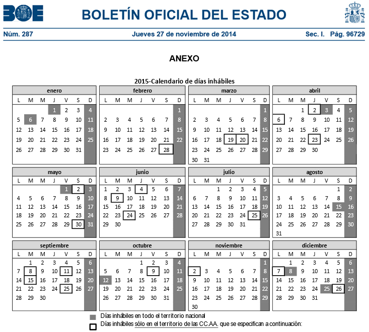 Calendario días inhábiles 2015 de la Administración General